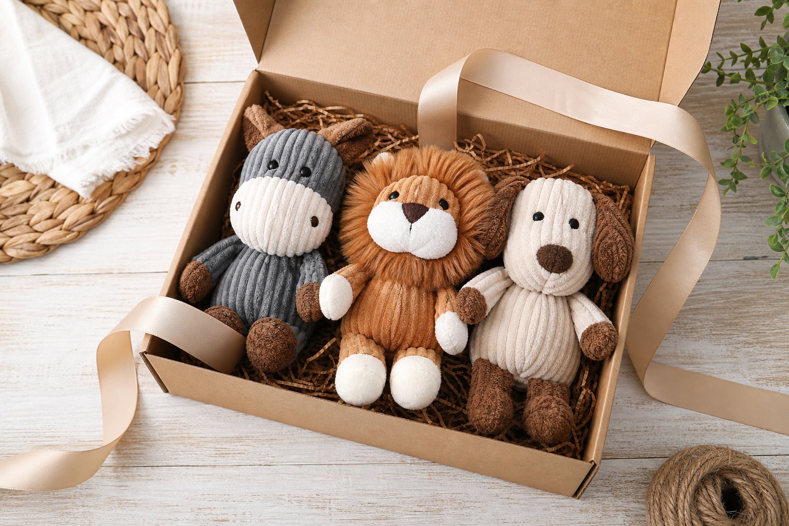 Flat lay of an open gift box holding three plush dog toys with ribbon on a light wooden table