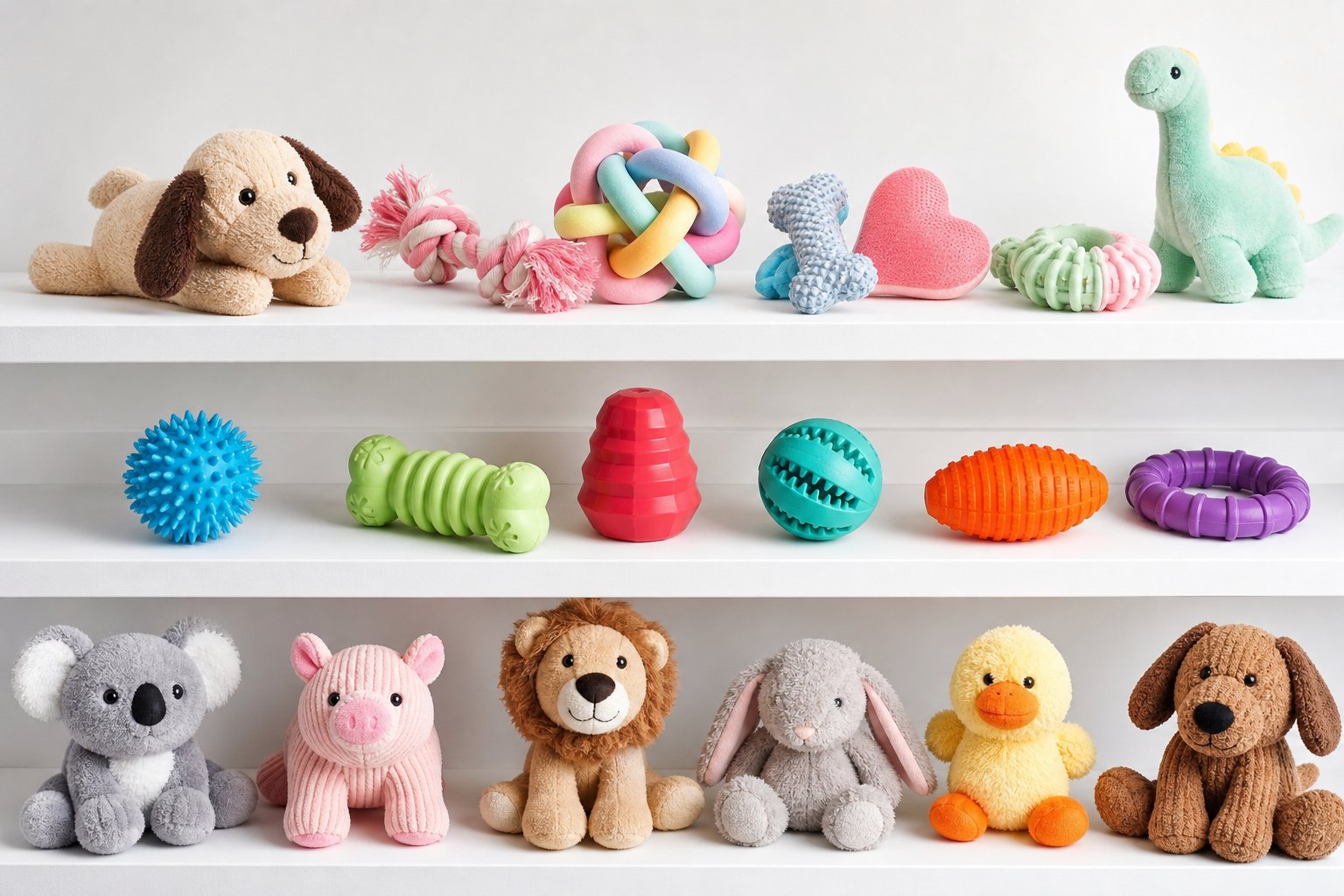 Three toy groupings arranged on shelf boards representing puppy, adult and senior dog bundles