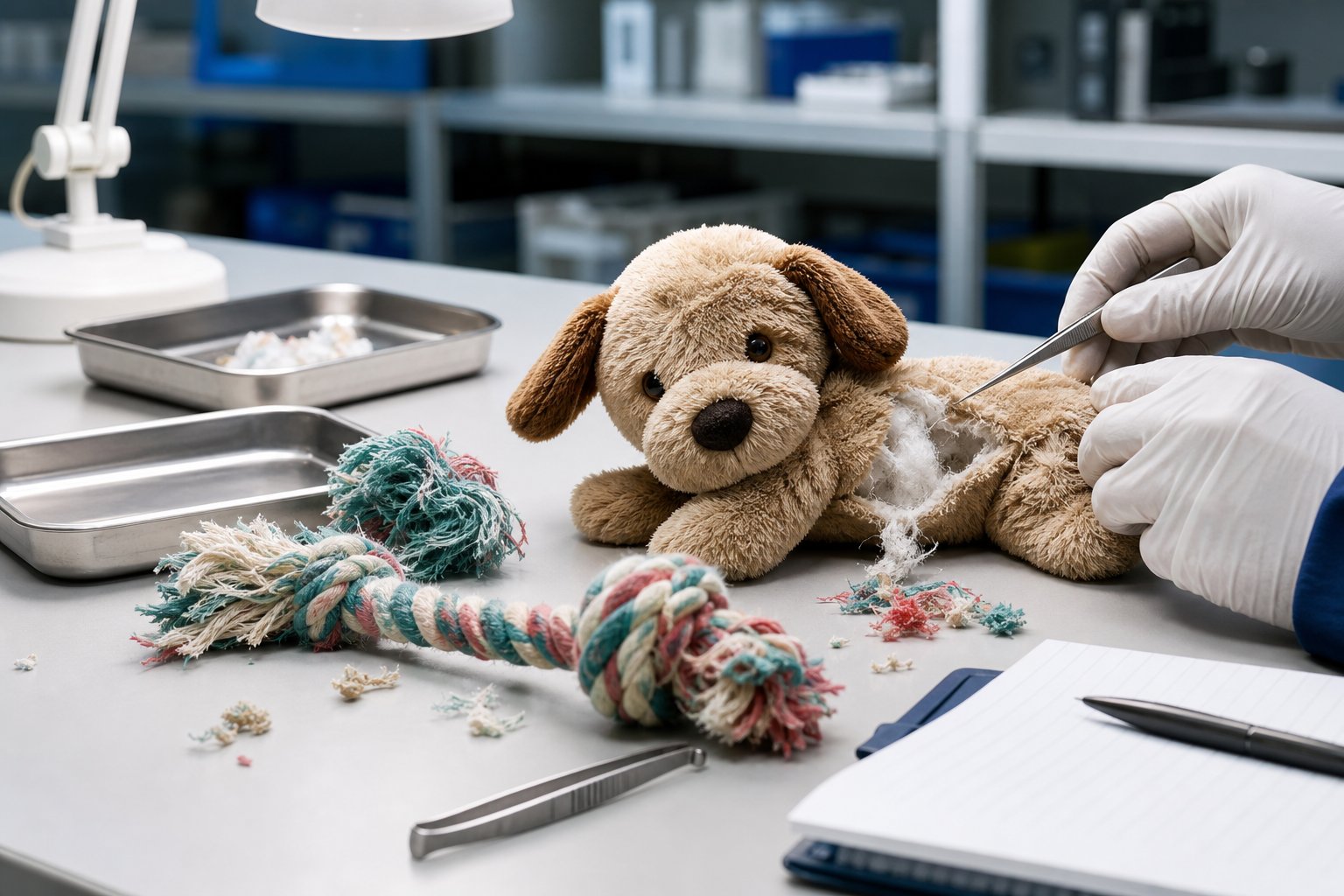 Torn plush toy and frayed rope toy laid on an inspection bench with tweezers and trays