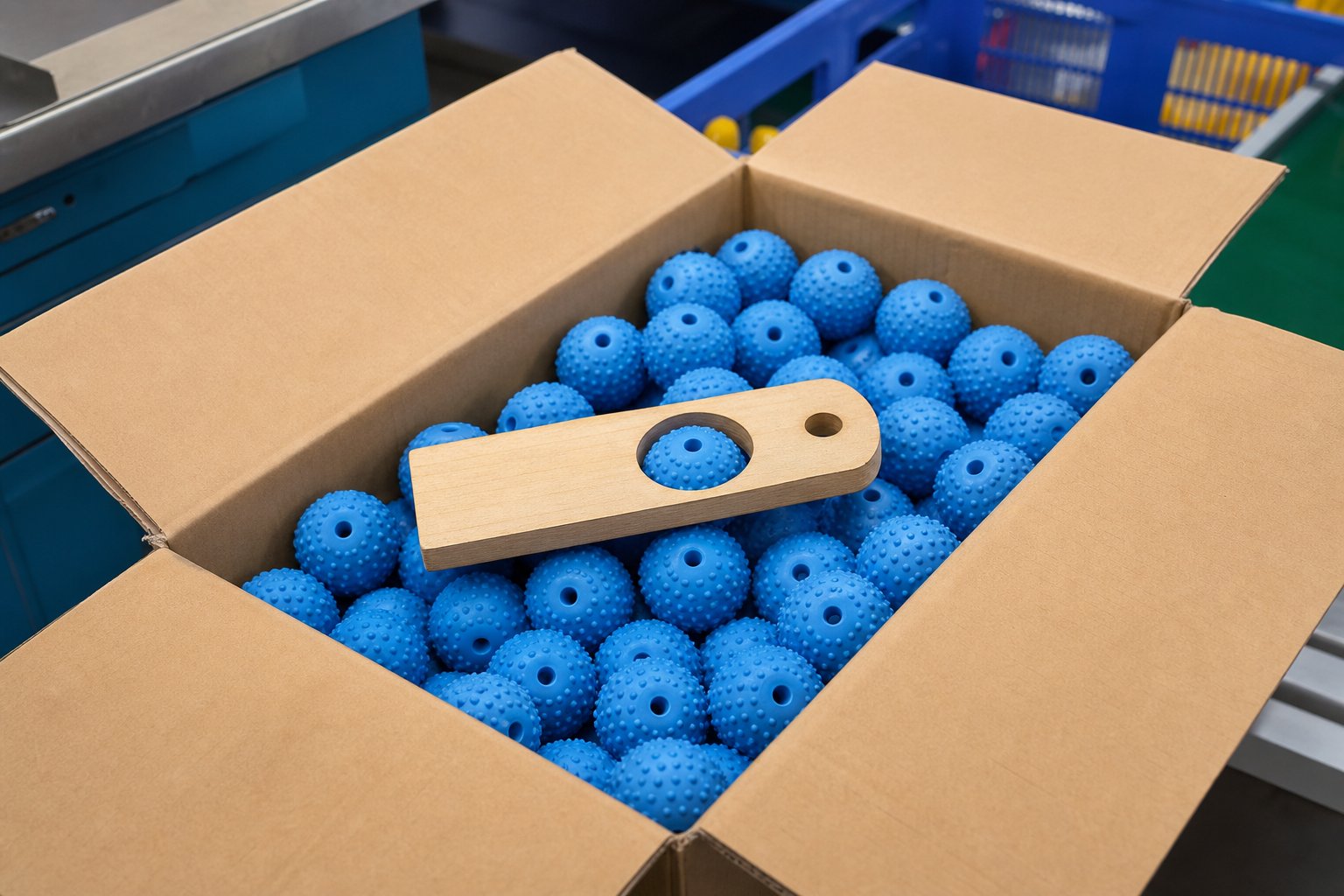 Open carton of identical rubber chew balls with a wooden gauge resting on top in a factory QC corner