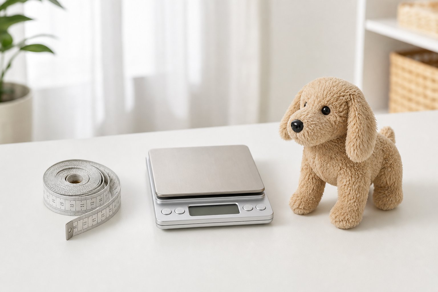 Measuring tape, small scale and plush toy arranged on a white desk for size documentation