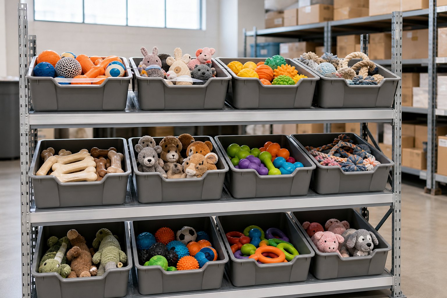 Return shelf with sorting bins of toys organized into labeled totes in a small warehouse