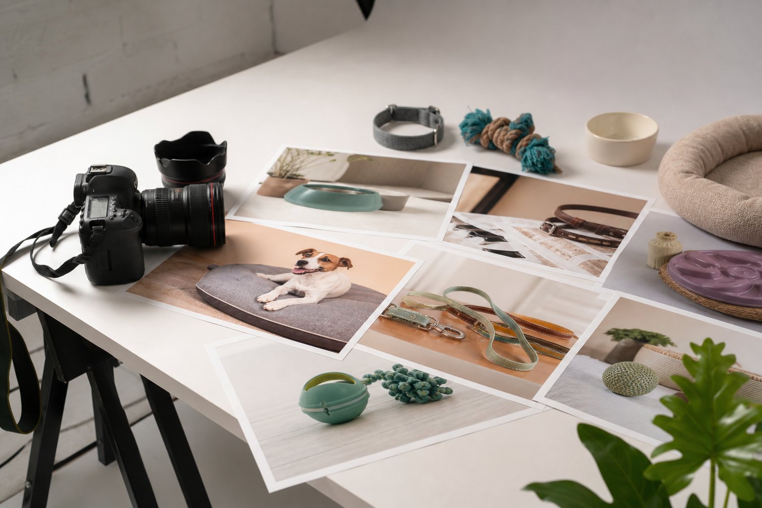 Printed glossy product photos and a camera arranged on a light table for press asset preparation