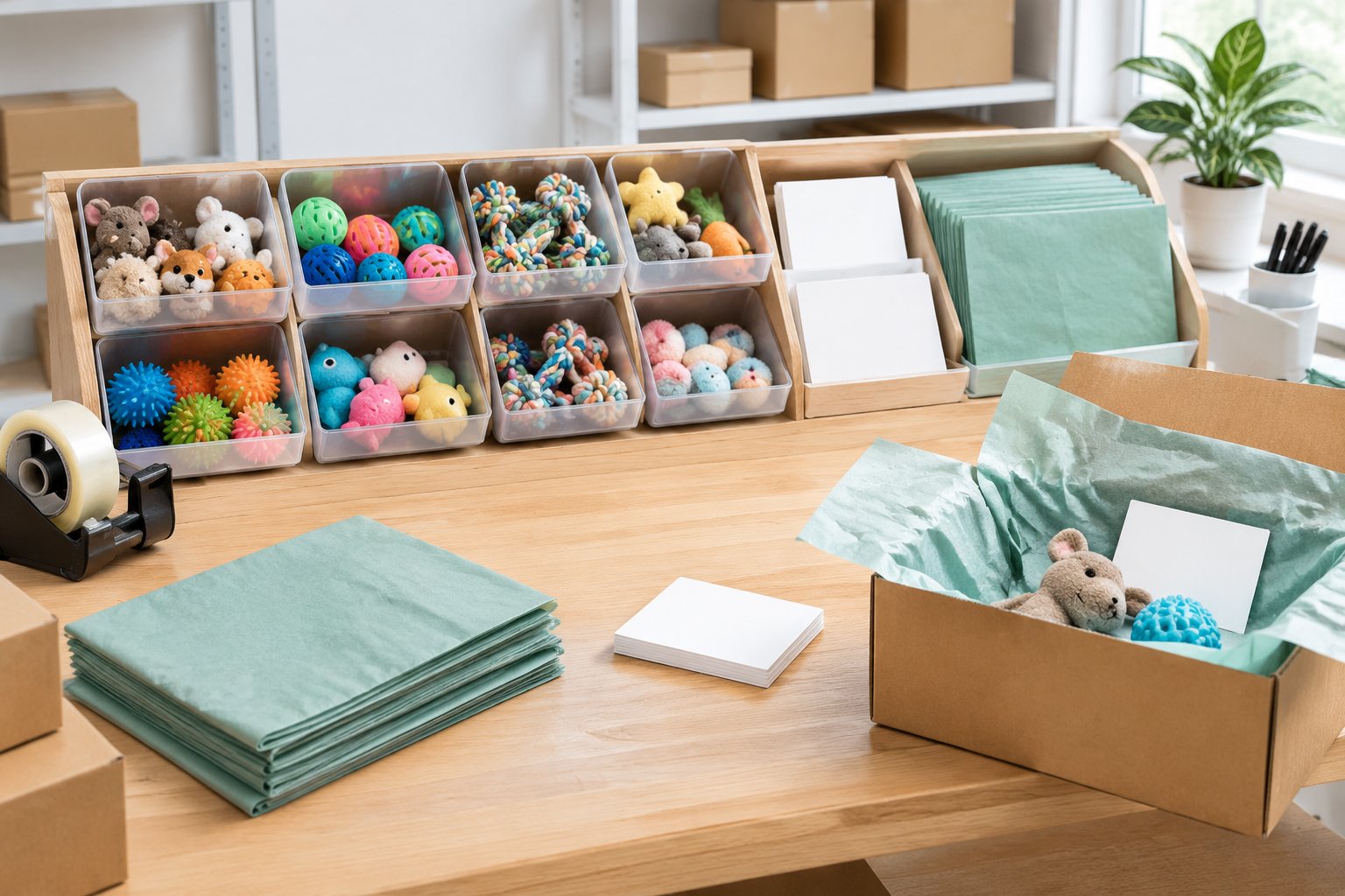 Kitting bench with divider trays holding small toys, insert cards and tissue paper sheets