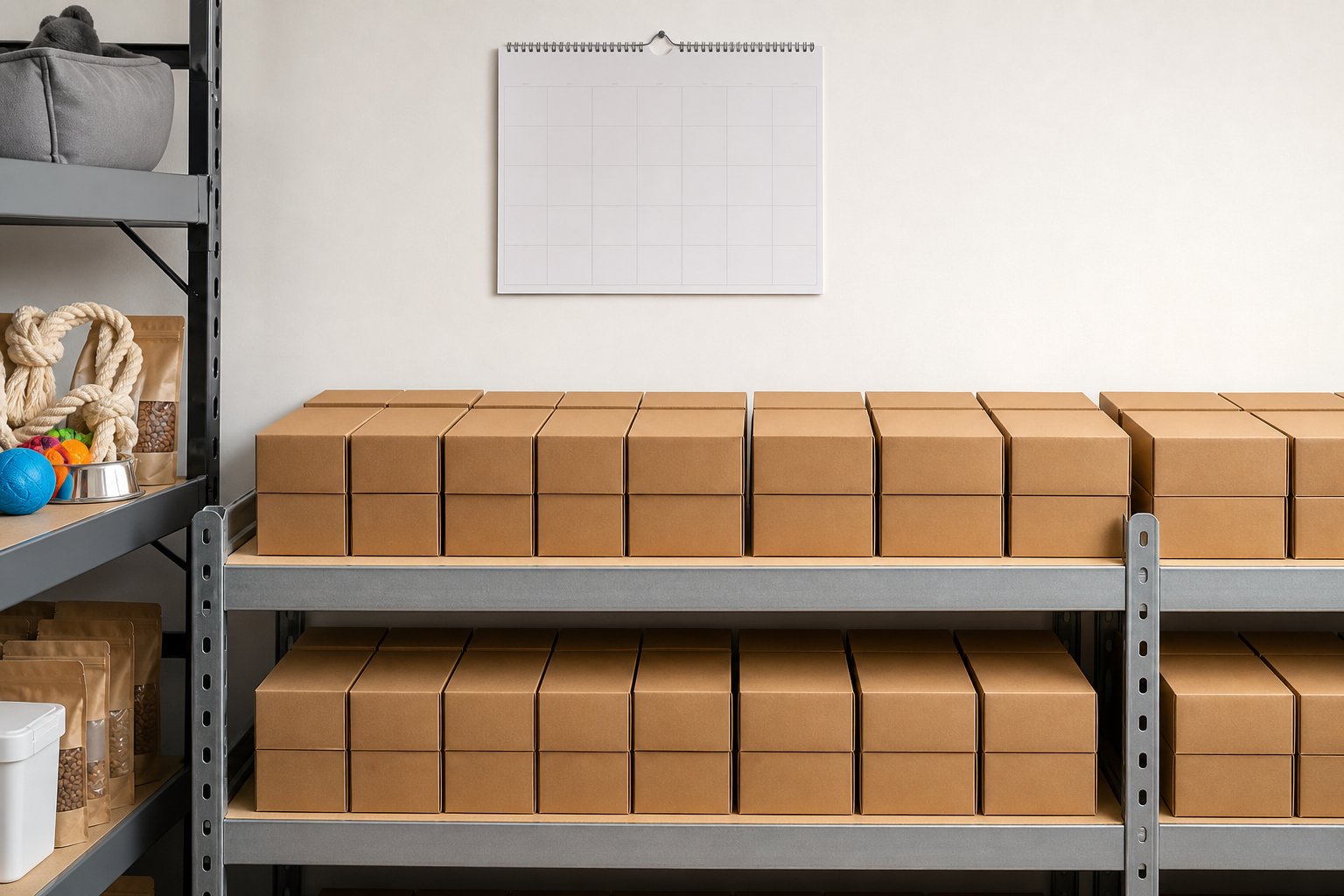 Rows of closed subscription boxes staged on shelving beneath a blank wall calendar
