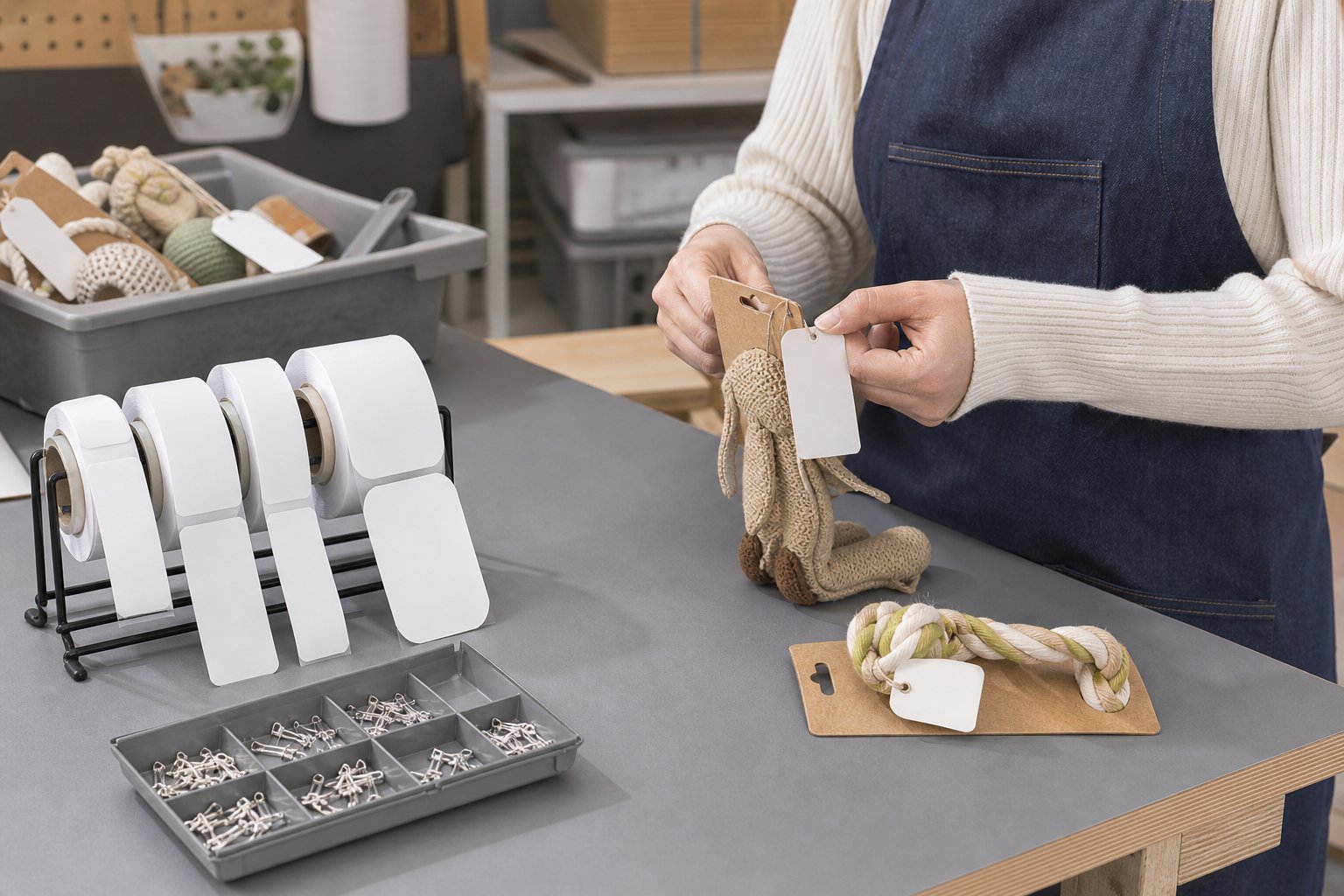 Label press applying printed hangtags to toy packaging at a finishing bench