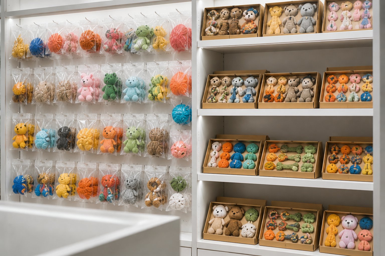 Display of polybagged plain toys beside boxed toy sets stacked on shelves