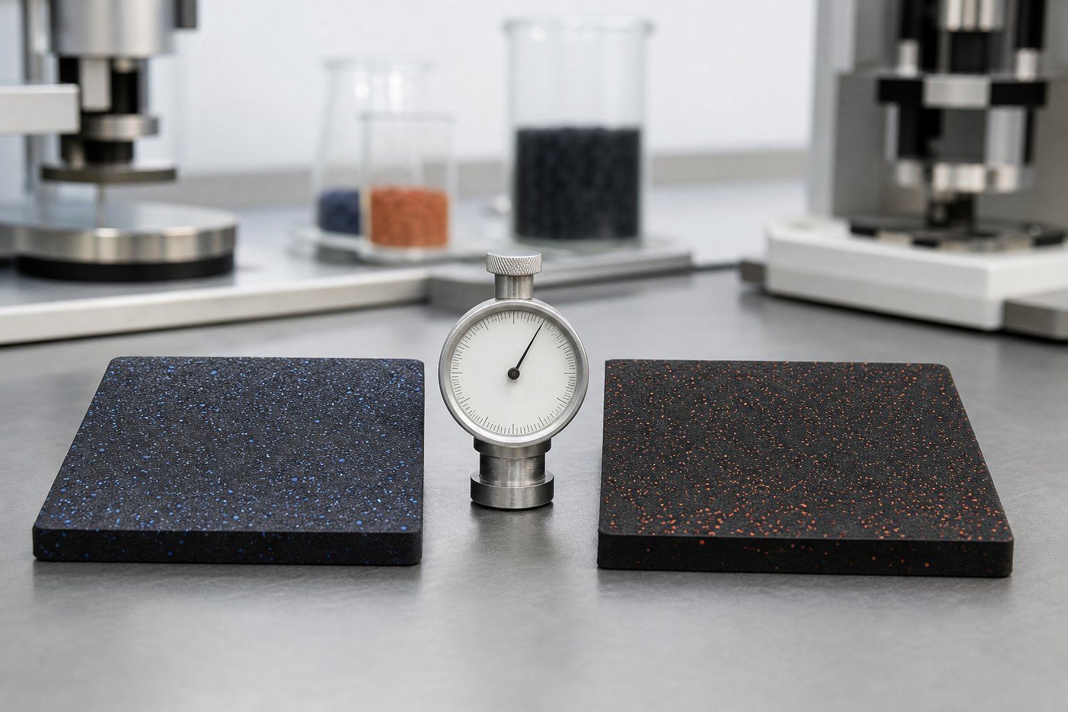 Two rubber compound samples side by side on a lab bench with a durometer gauge