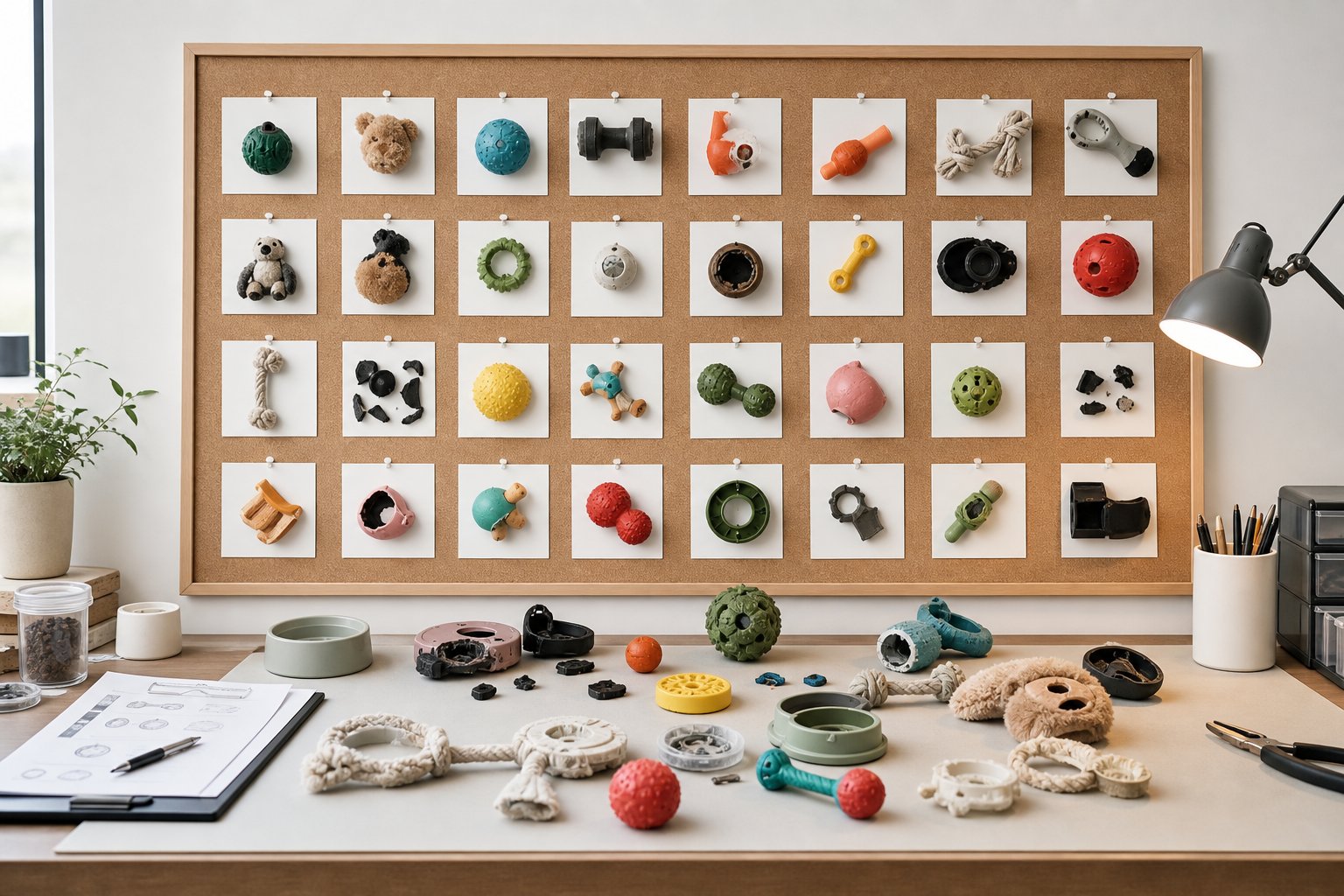 Grid of competitor toy samples arranged on a pinboard above a work table for teardown analysis