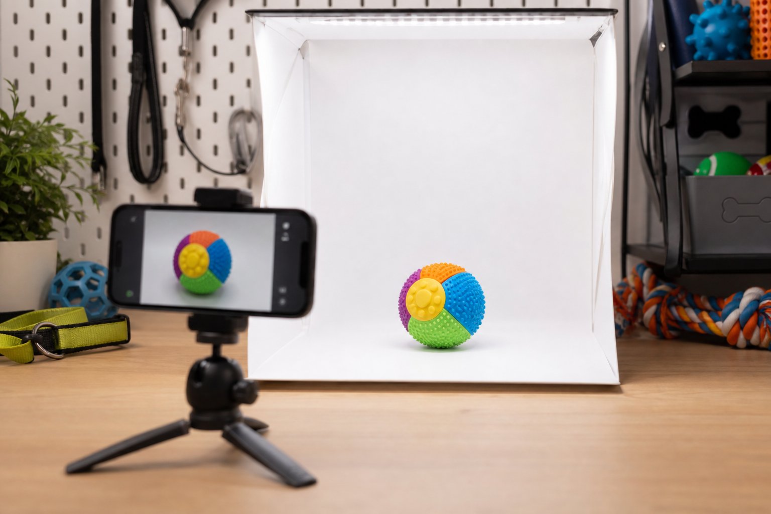 Small photo light box with a rubber dog ball and a smartphone on a tripod