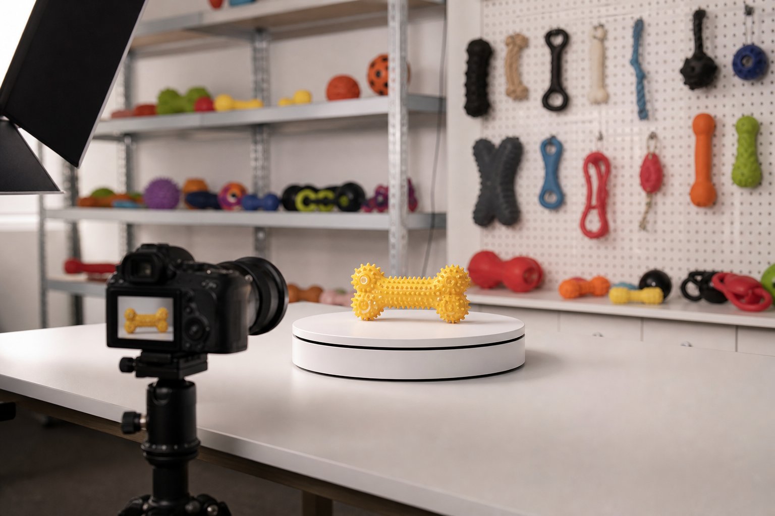 Rubber chew toy filmed rotating on a turntable in a factory showroom