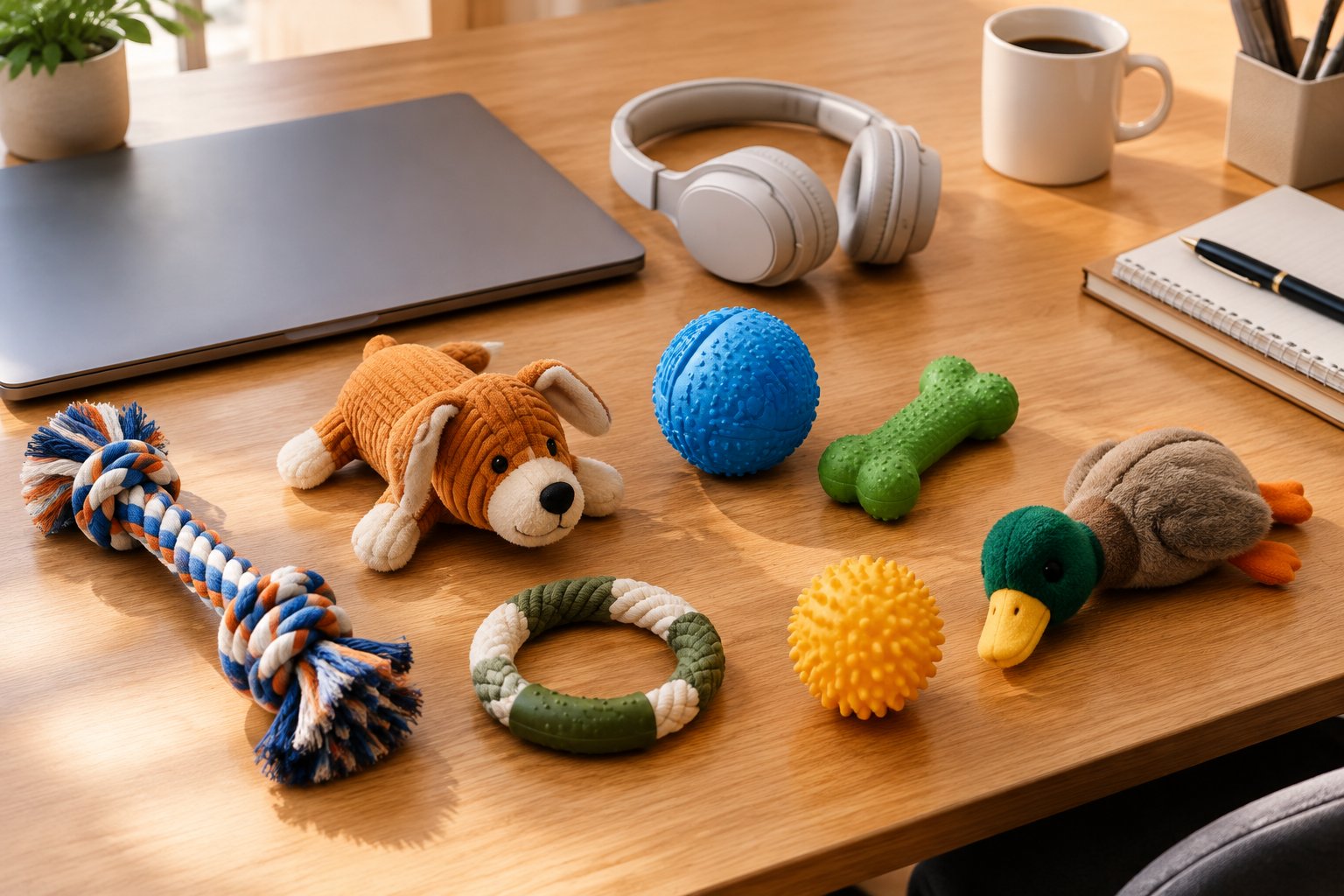 Desk with a laptop, headphones and dog toy samples arranged for content planning