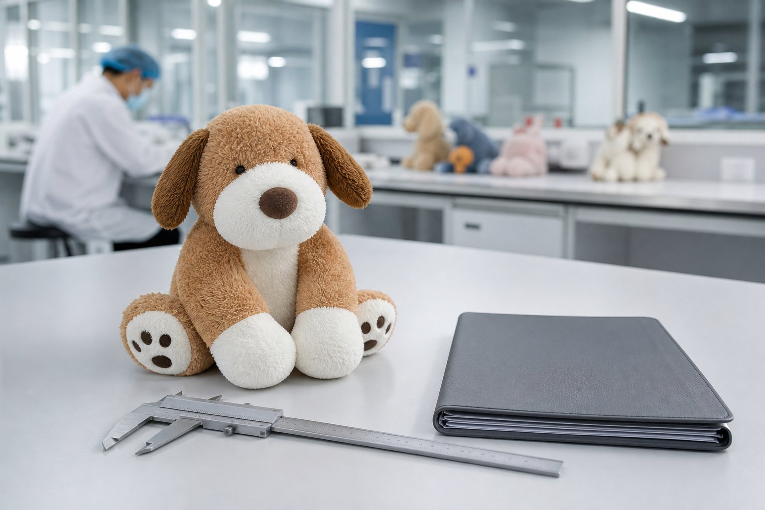 Inspection bench with a plush pet toy, caliper and a document folder in a laboratory setting