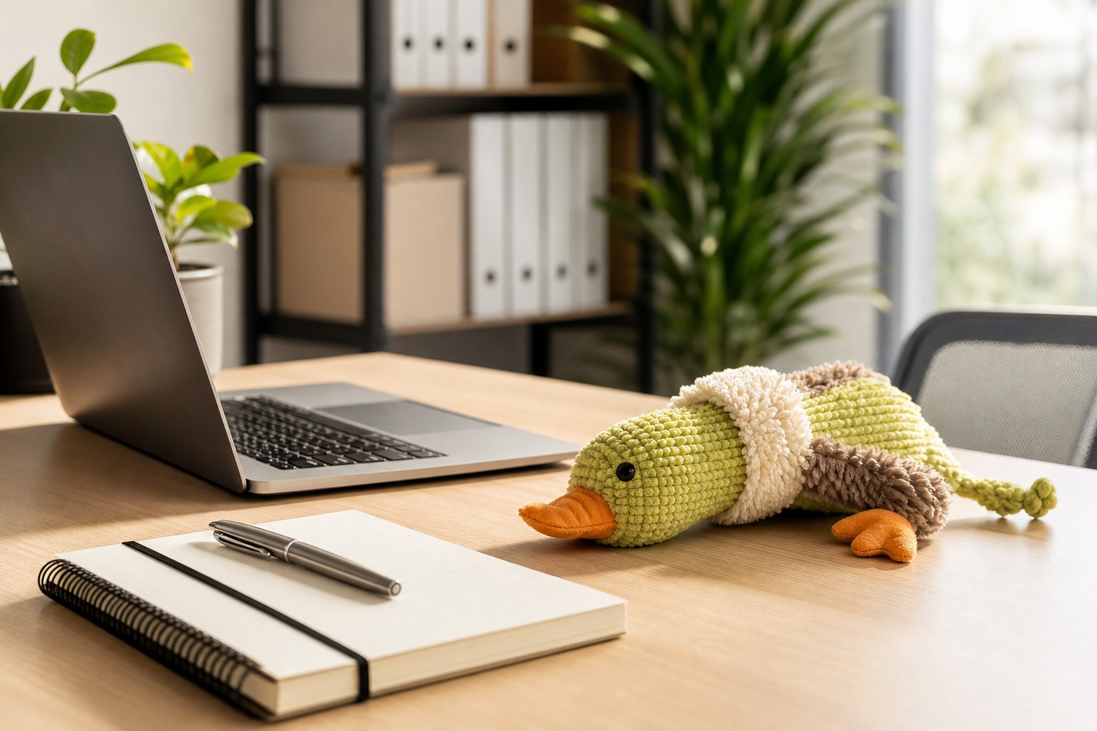 Laptop showing a spreadsheet beside a notebook and a squeaky pet toy on an office desk
