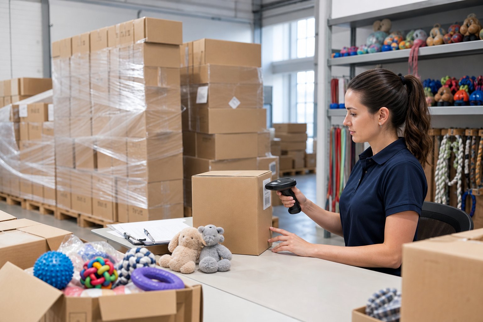 Warehouse office with packed pet toy cartons and a worker scanning a label with a handheld scanner