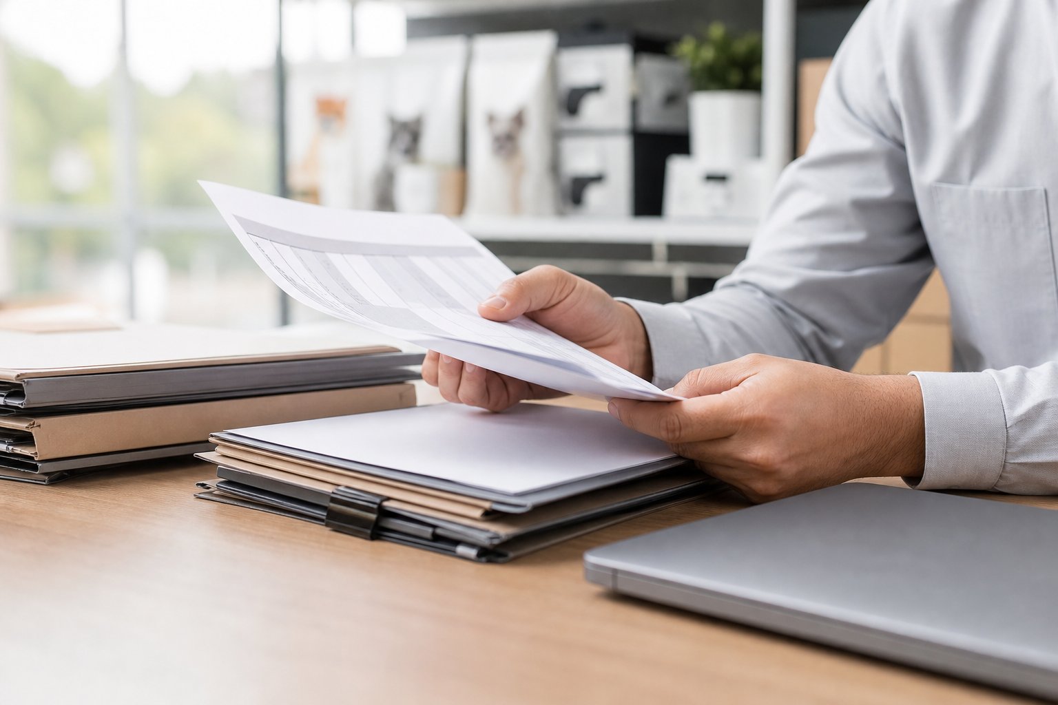 Hands reviewing printed invoices and document folders beside a laptop in an office