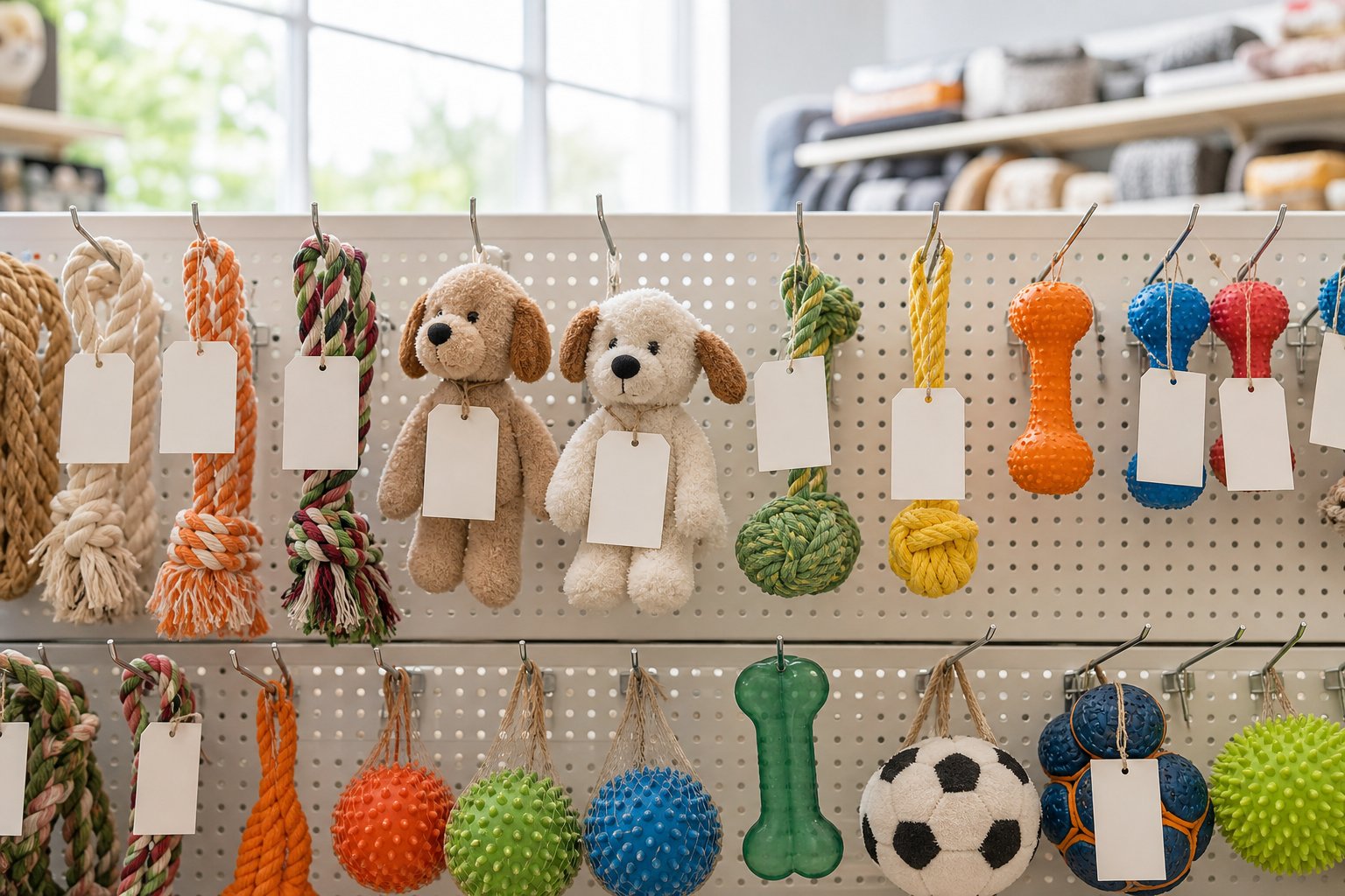 Shelf of pet toys with blank paper hangtags in a bright showroom