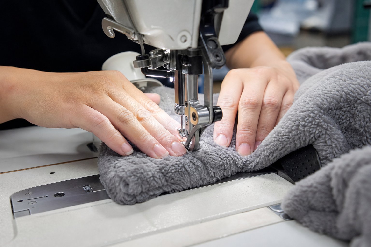 Close-up of hands guiding plush fabric through an industrial sewing machine
