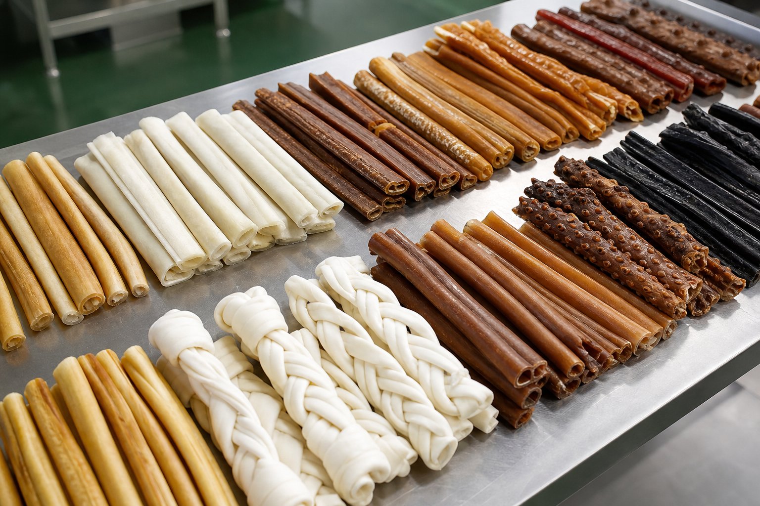 Rows of natural leather and rubber dog chews arranged on an inspection table