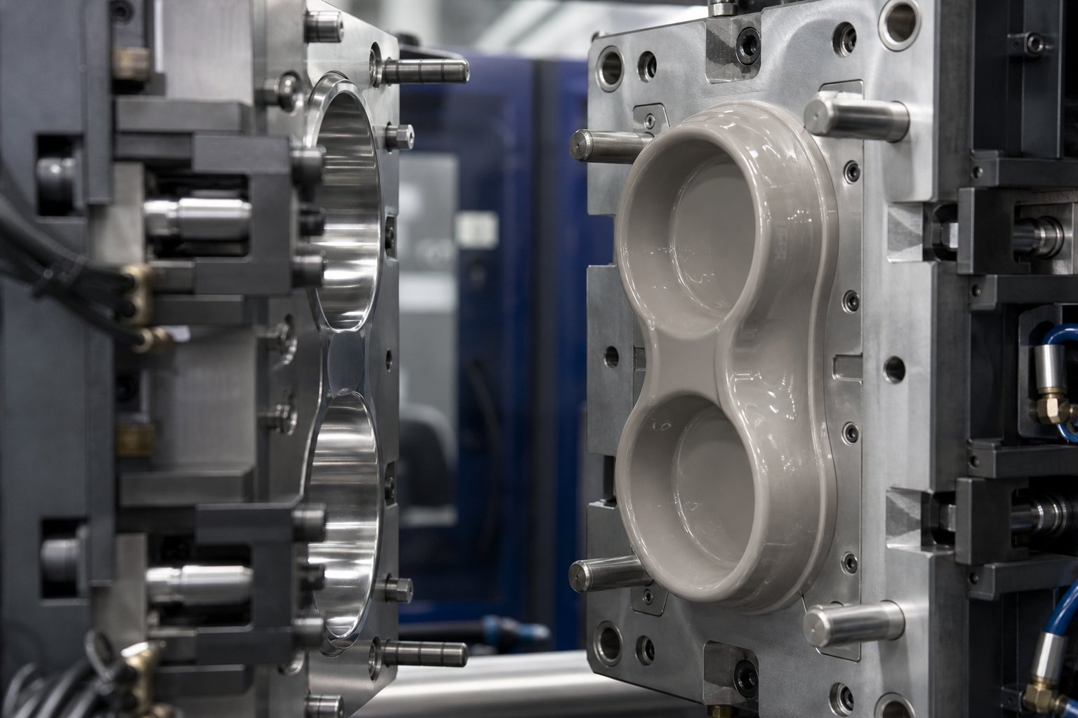 Steel mold opening inside an injection molding machine with a freshly molded part