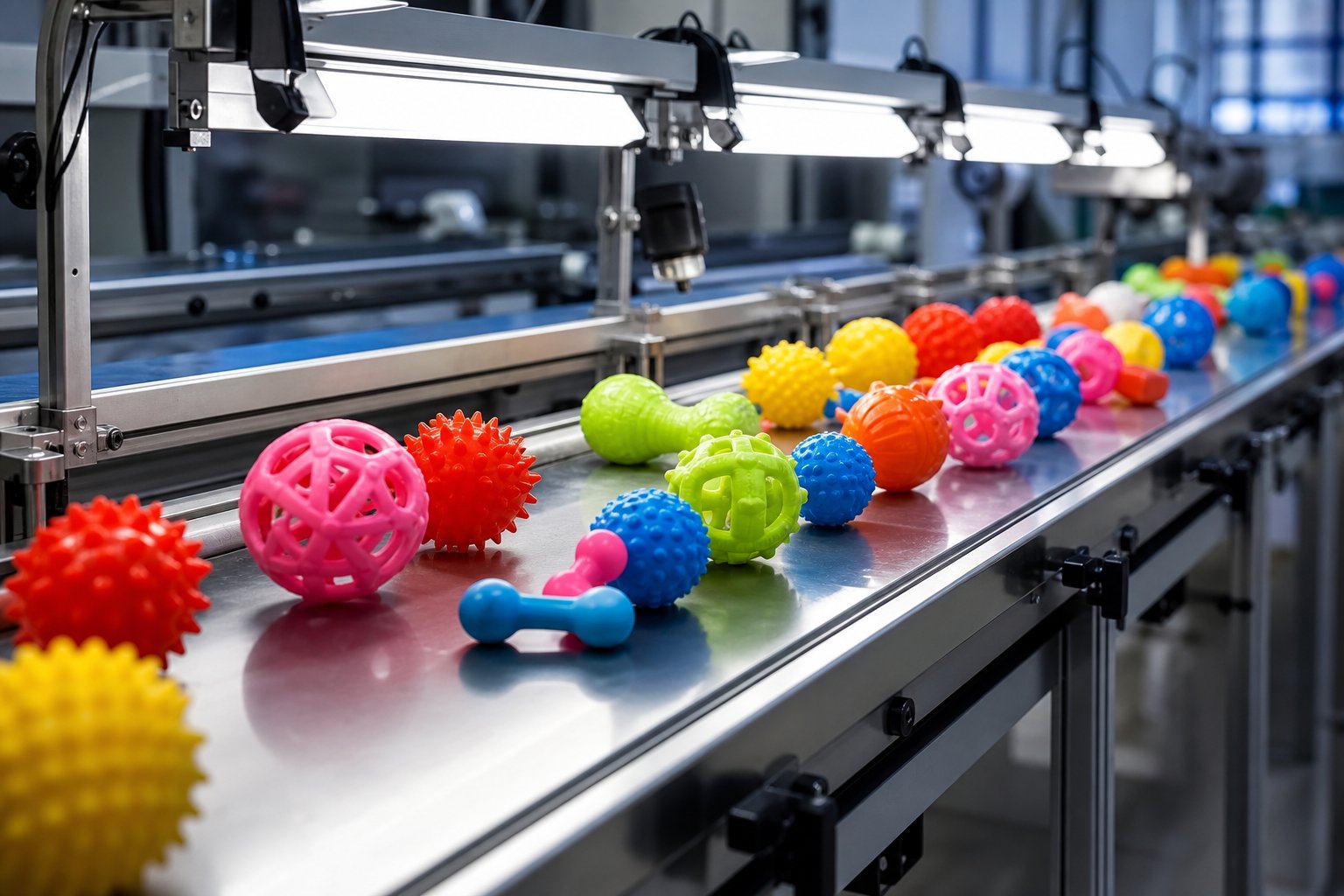Colorful plastic pet toys moving along a conveyor under inspection lights