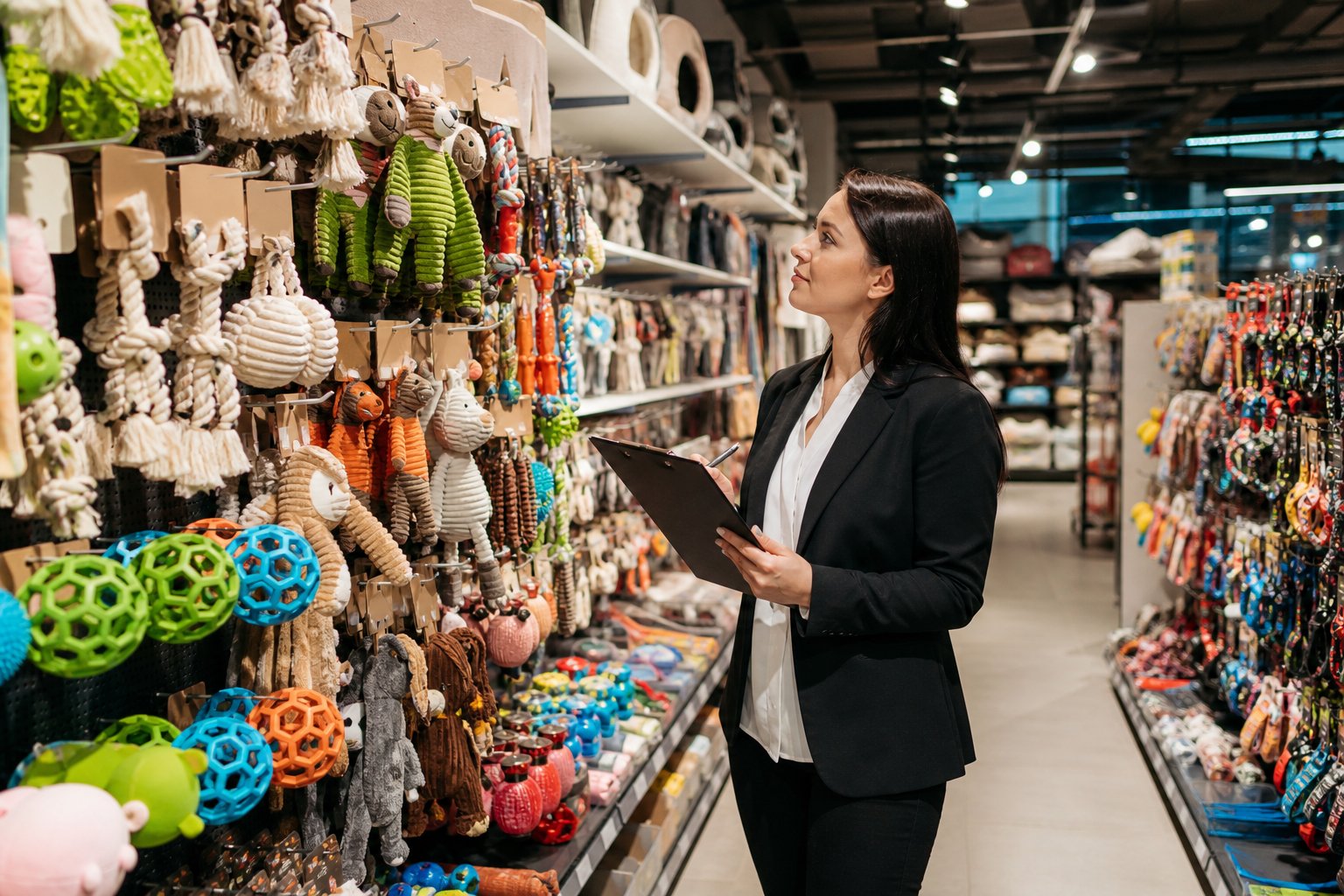 Interior of a market shop with shelves of colorful pet toys and a buyer browsing with a clipboard