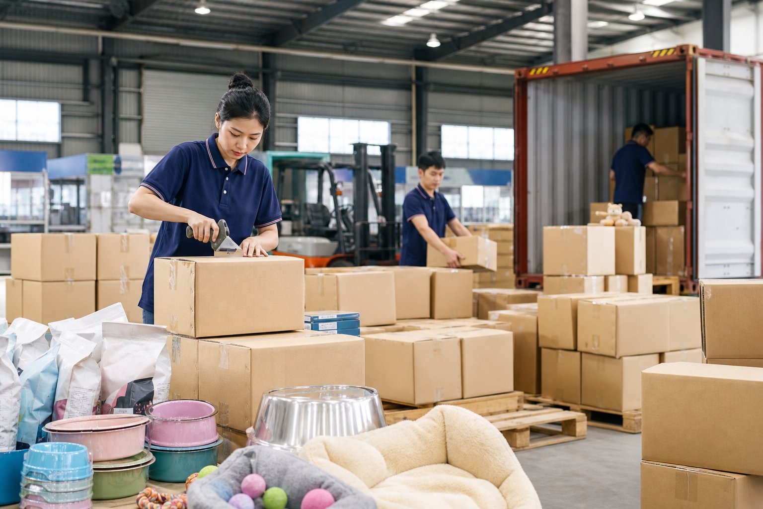 Consolidation warehouse with cartons being labeled and stacked on pallets before container loading