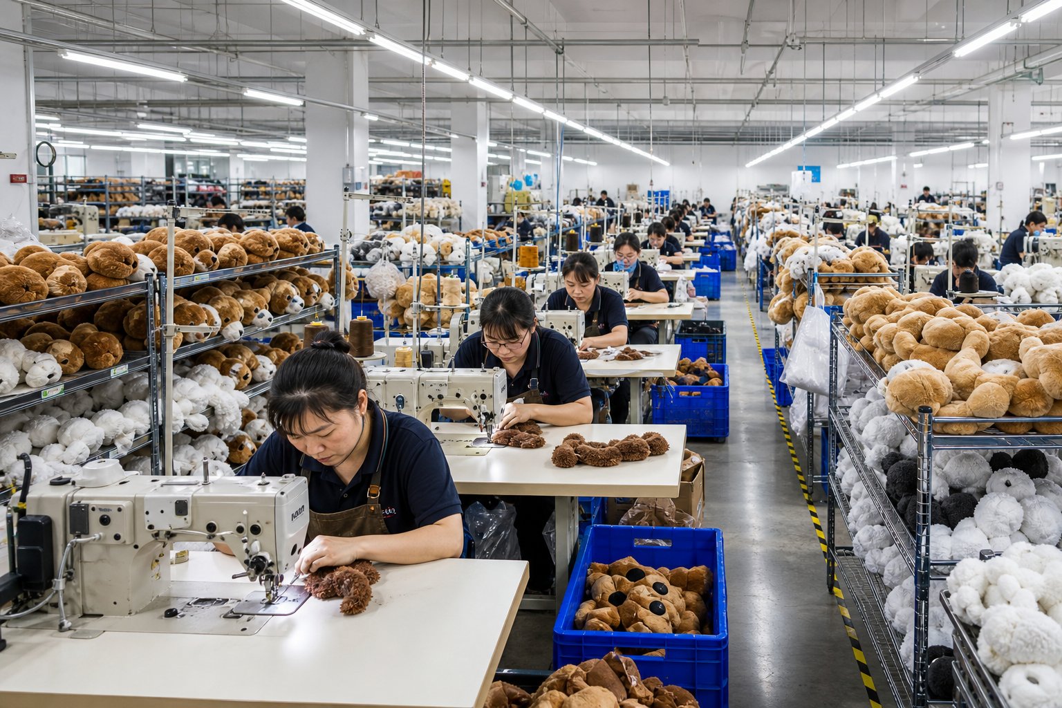 Long sewing lines inside a plush toy factory in a manufacturing cluster