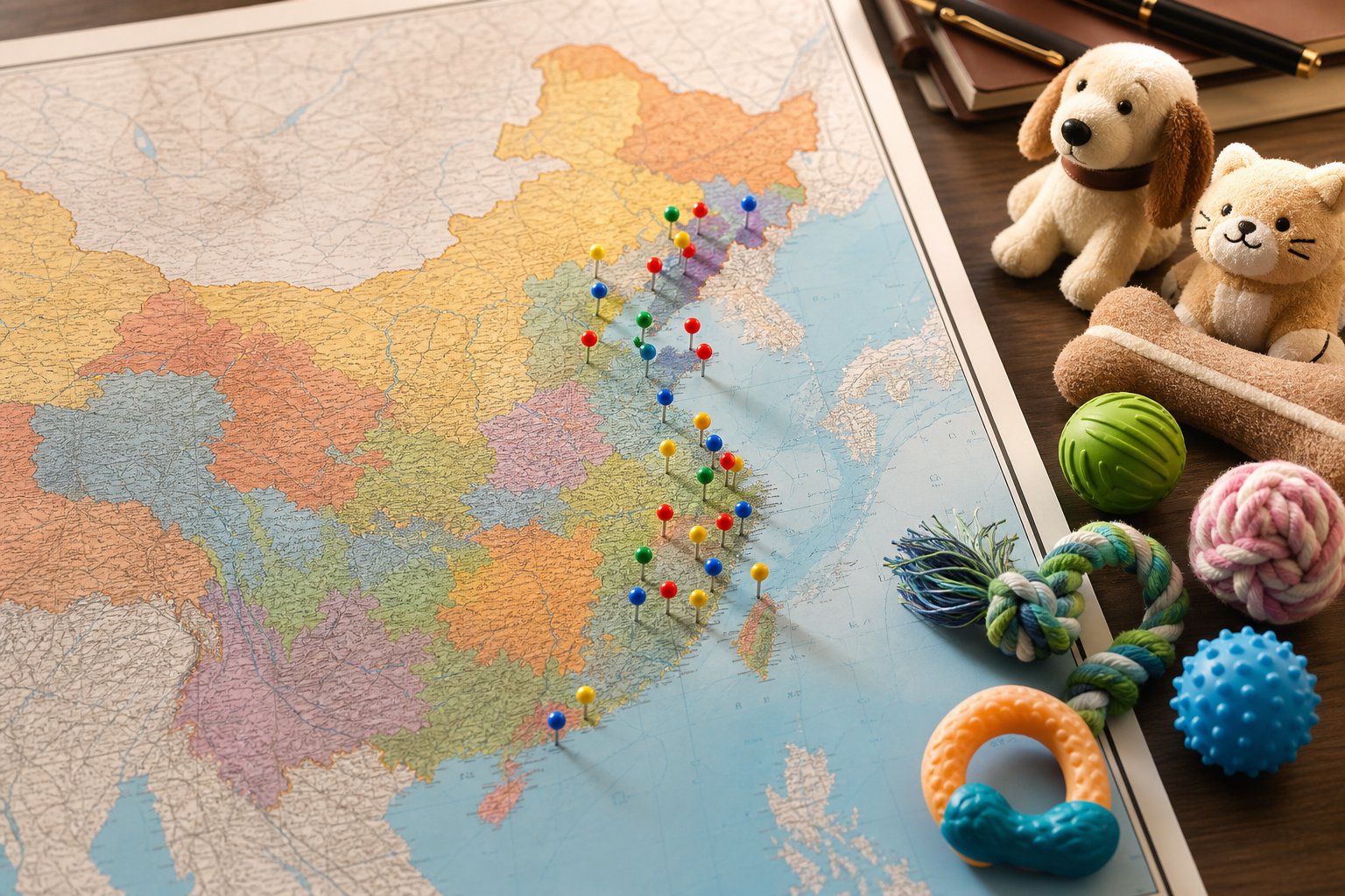 Map of China with pins marking major pet toy supply belts on a sourcing desk