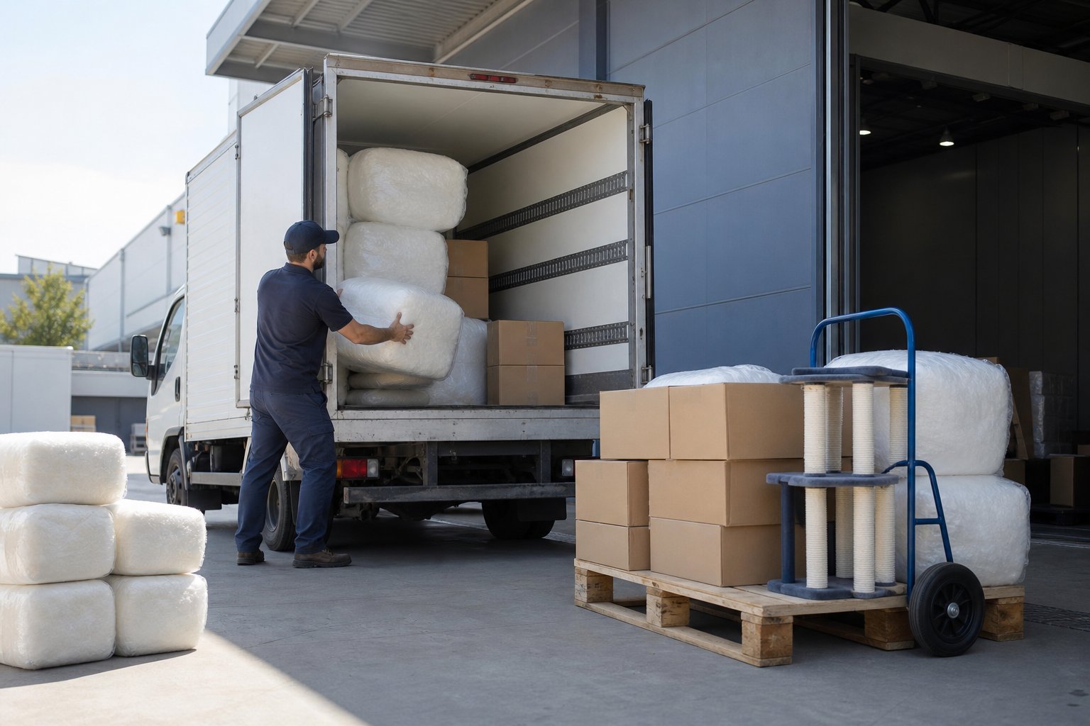 Delivery truck loaded with material bales at a factory gate