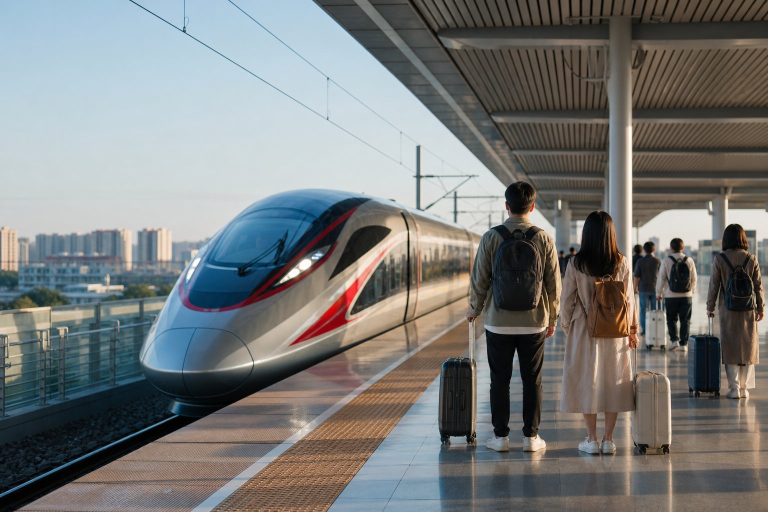 High-speed train arriving at a modern station platform