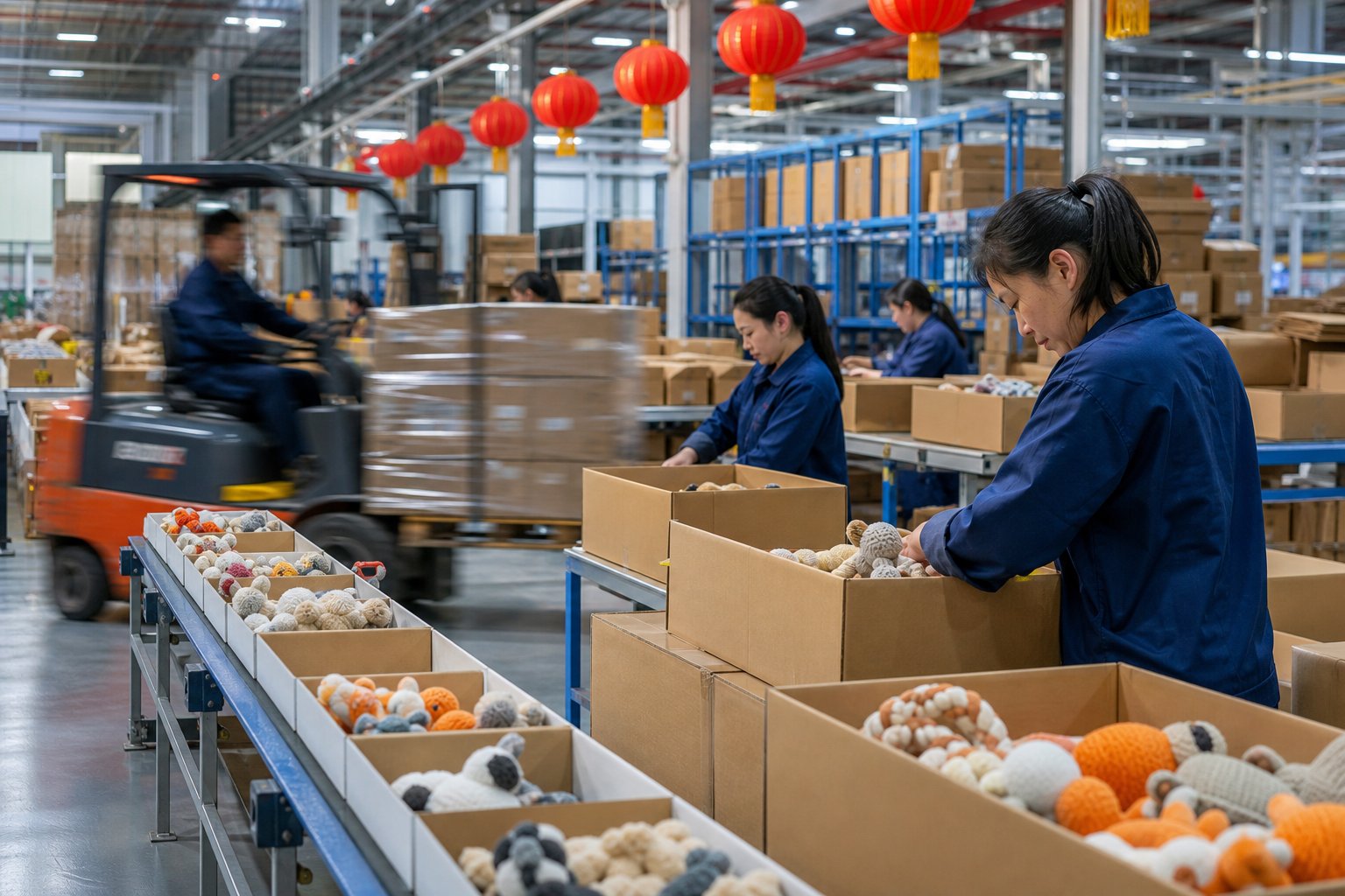 Busy toy factory floor with stacked finished cartons before the holiday rush