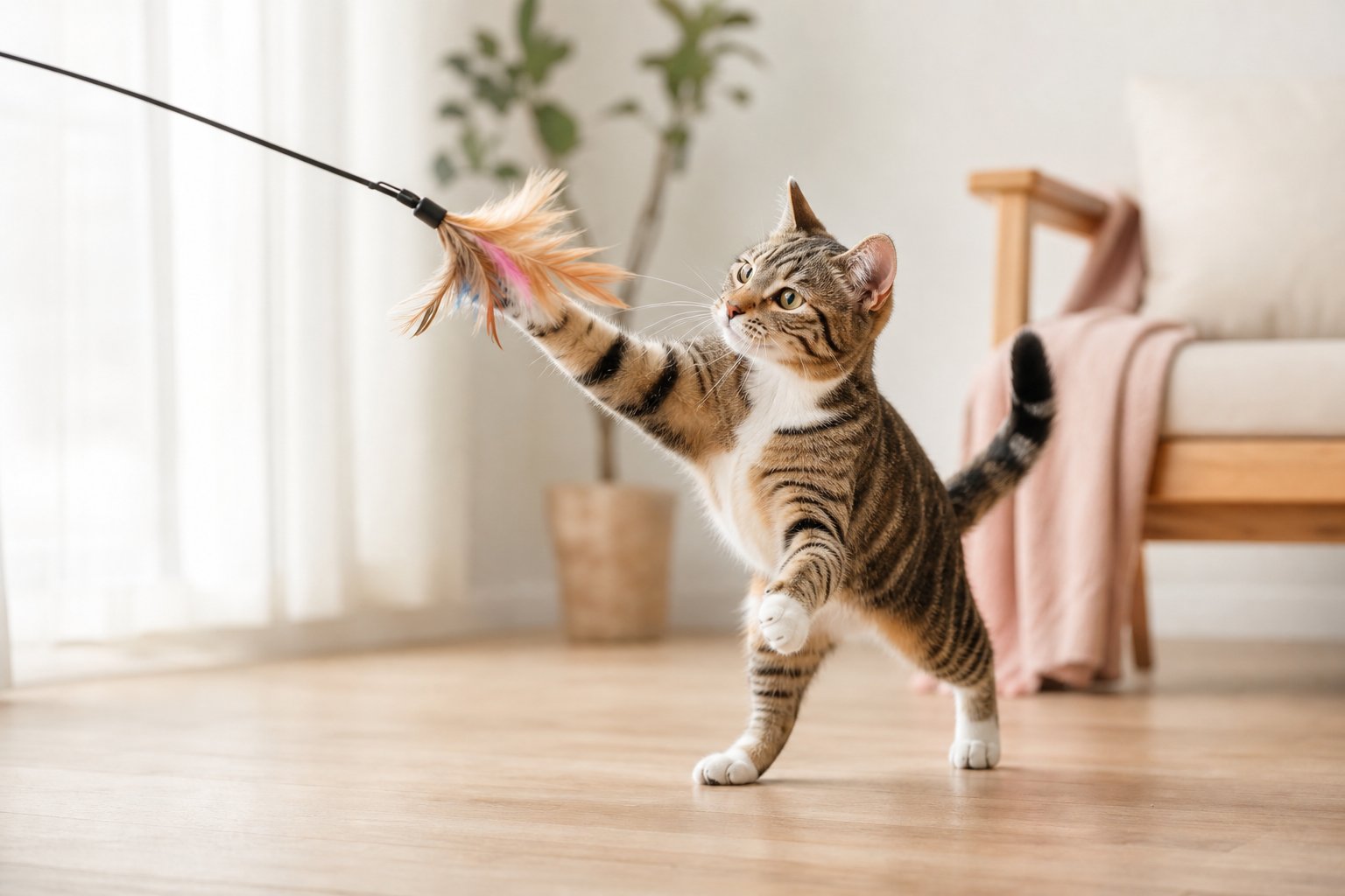 Cat playing with a feather wand toy at home