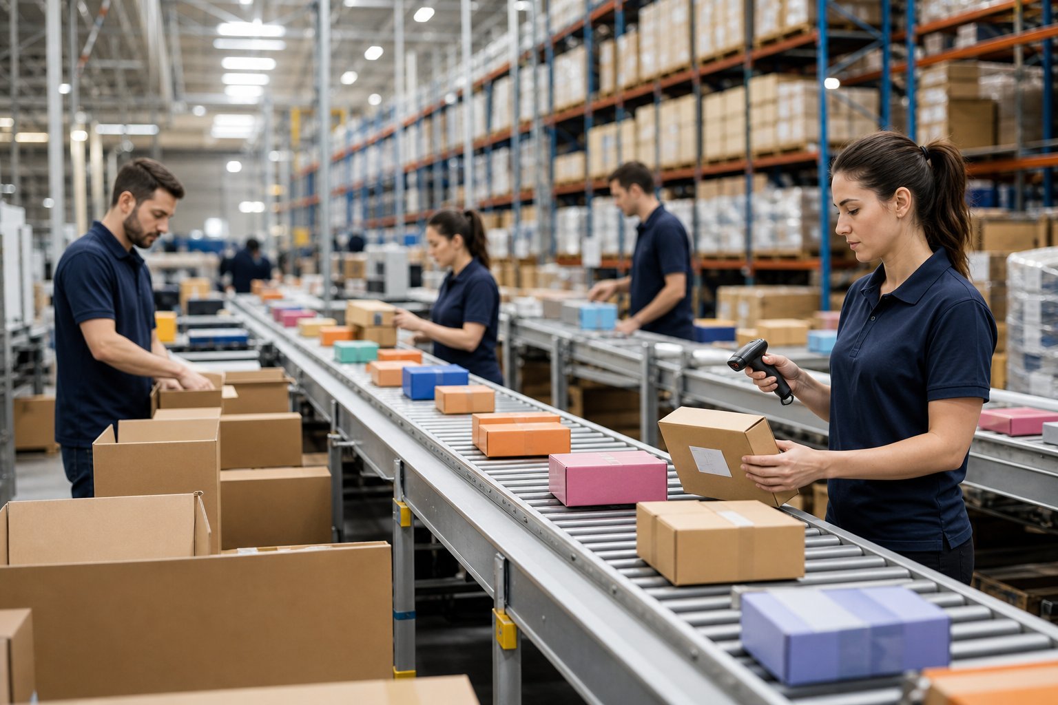 Fulfillment warehouse with pet toy parcels