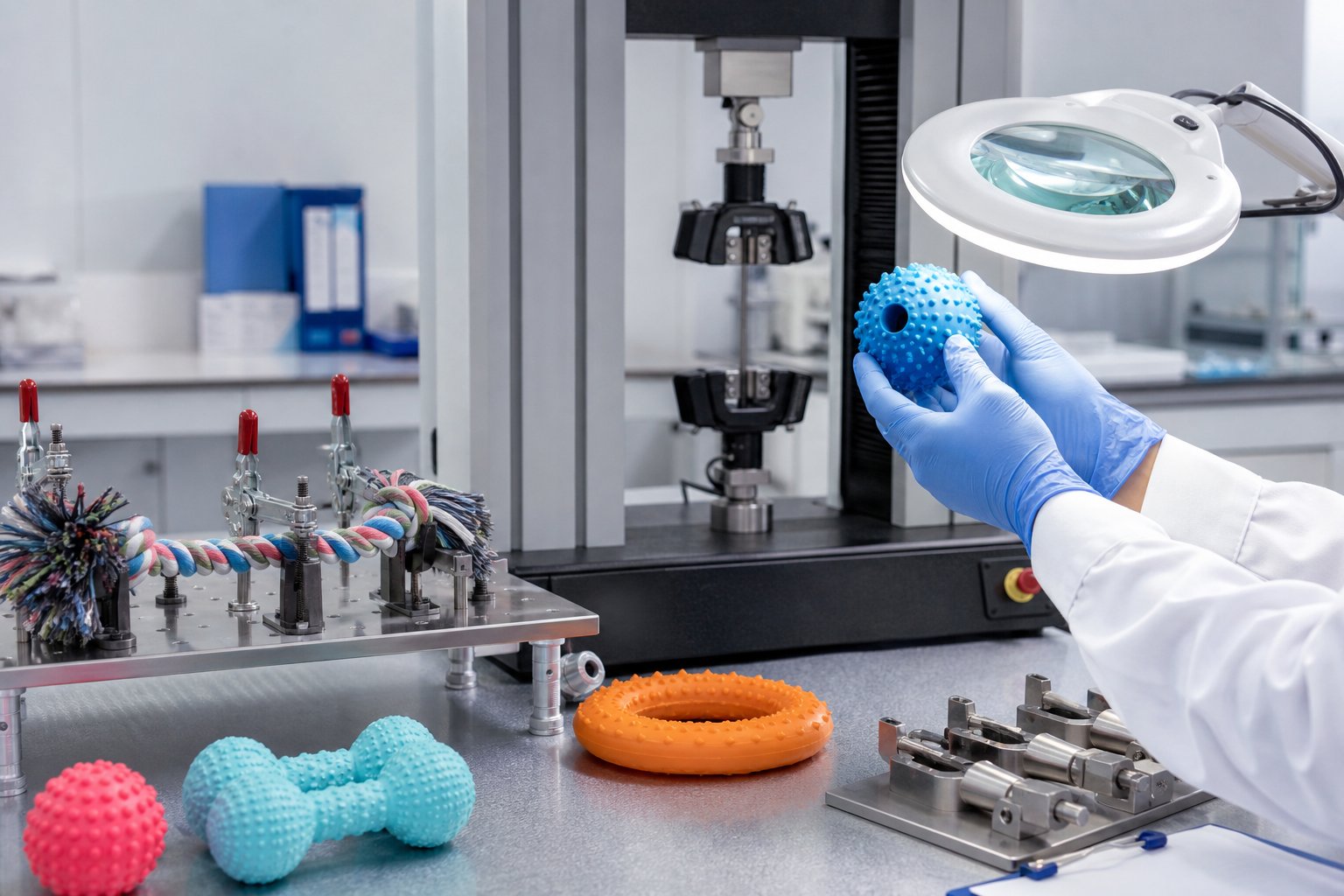 Pet toys on a quality control test bench
